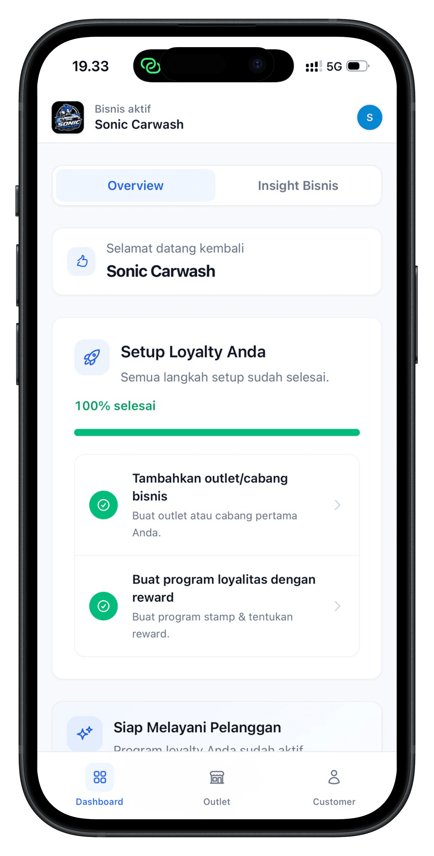 Tampilan dashboard merchant CatchApp — setup loyalty Sonic Carwash